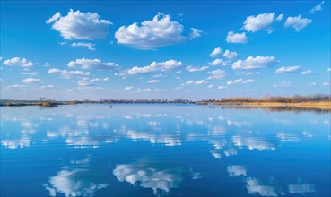 A serene spring lake reflecting the clear blue sky and fluffy white clouds AI generated