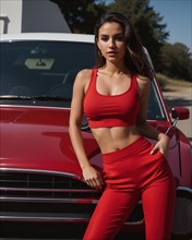 Beautiful young brunette woman in a red sports top and leggings posing. ai generative, AI generated