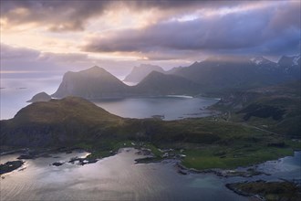 Landscape on the Lofoten Islands. View from the mountain Offersoykammen to the sea, the mountains