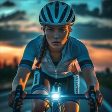 A cyclist rides on a country road during the blue hour, AI generated