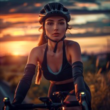 A cyclist enjoys the ride in front of a picturesque sunset, AI generated