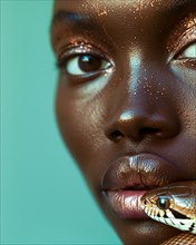 Profile of a woman with dark skin making eye contact, snake near her face, blurry teal turquoise