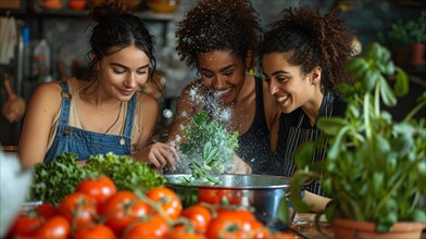 Friends share a joyful moment while cooking with fresh herbs and vegetables in the kitchen, AI