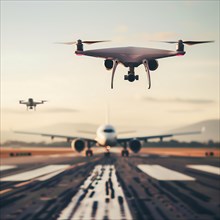 Two drones fly in front of an aeroplane during a sunny evening flight on a runway, drone, attack,