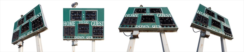 High school scoreboard set at various angles isolated on a white background