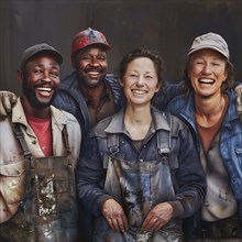Diverse group of cheerful construction workers in work clothes smiling into the camera, group