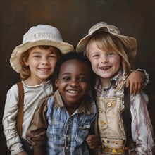 Three happy children in hats hugging each other in front of a dark background, group picture with
