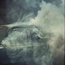 Smoke envelops an old car on a city street, smoke developing in and around a car, AI generated