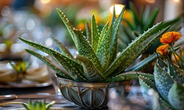 Aloe vera leaves in a pot, closeup view AI generated