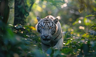 A white tiger prowling through the dense foliage of its natural habitat AI generated