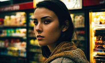 Beautiful young woman shopping in a grocery store, looking for food. ai generative, AI generated