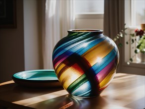 Colorful vases on a table in a modern living room. ai generative, AI generated