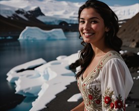 Portrait of a young woman smiling at camera in front of icebergs. ai generative, AI generated
