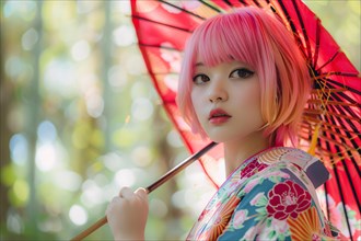 Beautiful young woman with pink hair and kimono with umbrella. KI generiert, generiert, AI