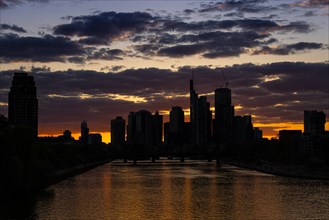 Clouds pass over the Frankfurt bank skyline in the evening after sunset, Frankfurt am Main, Hesse,