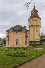 Historic water tower and Pagodenburg Castle, Murgpark, former residence of the Margraves of