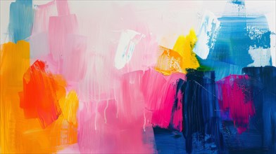 Soft pastel tones dominate this abstract canvas with broad strokes of pink, blue, and white, ai