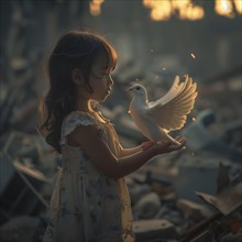 A girl stretches out her hands while a pigeon lands on them, surrounded by ruins, destroyed houses,
