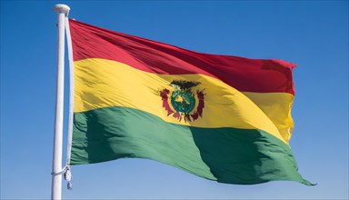 The flag of Bolivia flutters in the wind, isolated against a blue sky