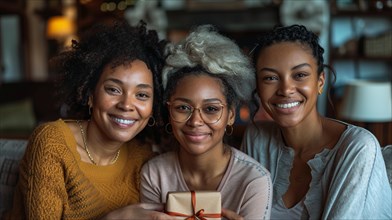 A warm family moment as three women of different generations share a gift and smiles, AI generated