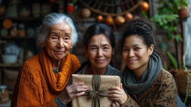 A multiethnic family smiling and holding a wrapped gift, surrounded by warm autumn colors, AI