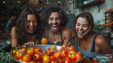 Friends are laughing and tossing tomatoes in the air, enjoying a fun cooking session together, AI