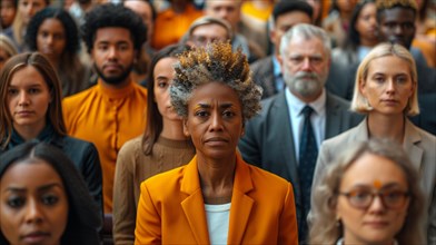 African american adult Woman in orange blazer stands out in a crowd with various expressions of
