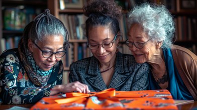 Three elderly women bonding over a gift, exhibiting warmth and affection in a cozy library setting,