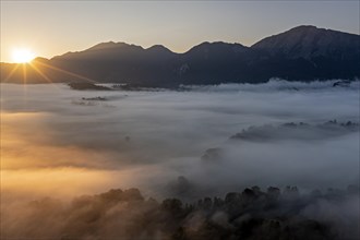 Aerial view, fog in front of mountains, sunrise, backlight, summer, view of Kochler mountains with