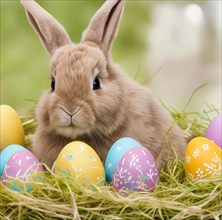 Easter bunny with decorated eggs. Generative AI image, AI generated