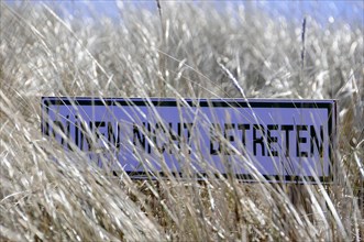 Sylt, Schleswig-Holstein, sign with the inscription 'Do not enter' in front of a field of reeds,