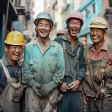 A group of workers laughs exuberantly, dirty from work, group picture with international employees