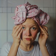 A woman with a pink headscarf and white T-shirt looks surprised and holds her hands to her cheeks,