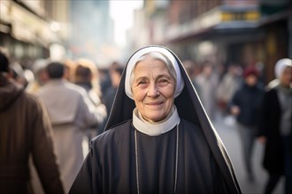 Elderly nun with gray hair walking through street full of people. KI generiert, generiert, AI