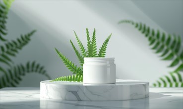 Aloe vera gel product promotion featuring a blank jar mockup showcased on a marble produce podium