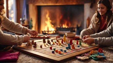 Group of people engrossed in playing a strategic board game by a cozy fireplace, AI Generated, AI