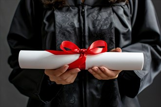 Degree paper certificate roll with red ribbon held by young woman in graduation robe. KI generiert,