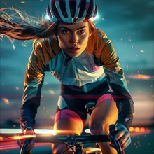 Cyclist in motion at night with coloured light and speed effect, AI generated