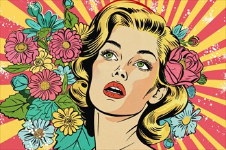 Amazed woman in pop art style with a pink flower in her hair and yellow red ray pattern background,