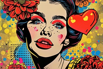 Woman in love in pop art style with colourful flowers and hearts on a yellow dot pattern