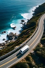 AI generated drone view of the essence of van life in a beautyfull coastal landscape