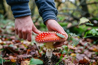Person's hands picking up red toxic fly agaric Amanita Muscaria mushroom in forest. KI generiert,