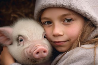 Young girl child with pig. KI generiert, generiert, AI generated