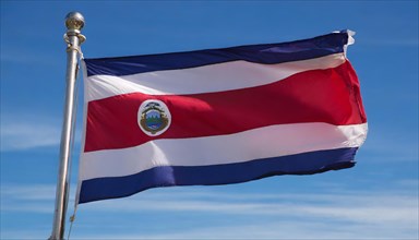 The flag of Costa Rica flutters in the wind, isolated against a blue sky