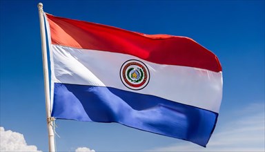 The flag of Paraguay flutters in the wind, isolated against a blue sky