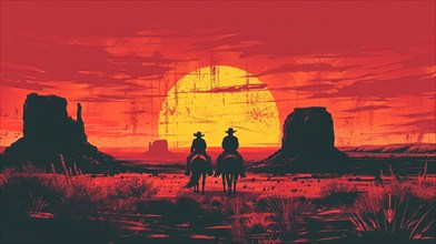 Silhouetted cowboys on horses in a desert at sunset with warm red sky and mesas, ai generated, AI