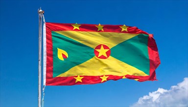 The flag of Grenada, Caribbean, flutters in the wind, isolated, against the blue sky