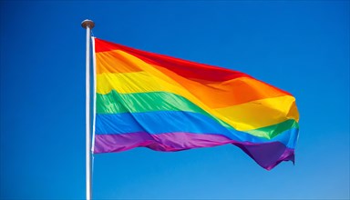 The rainbow flag flutters in the wind, isolated, against the blue sky. In many cultures around the