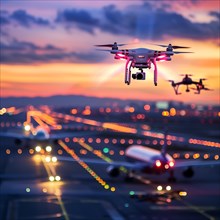 Drone in flight in front of a landing aircraft and an illuminated runway at night, drone, attack,