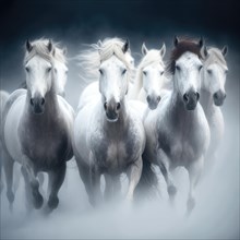 White wild horses run in the thick fog. Generative AI image, AI generated